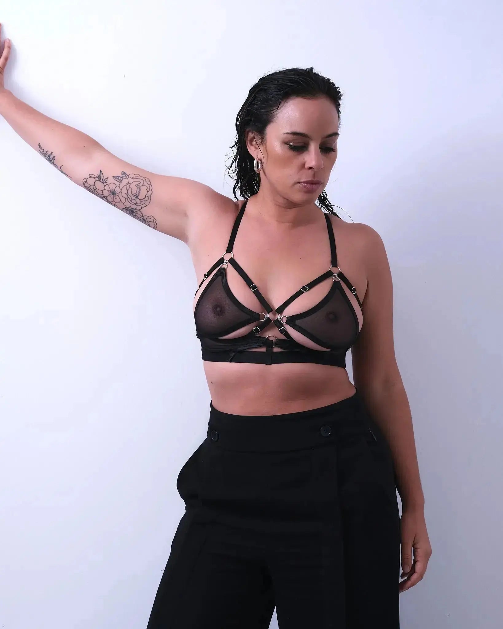 sexy lingerie with a harness-style fit, silver hooks, and recycled mesh fabric