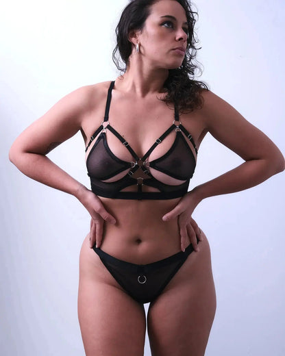 sexy lingerie with a harness-style fit, silver hooks, and recycled mesh fabric