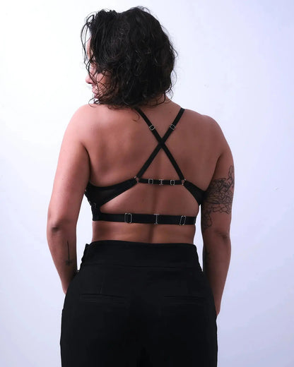 sexy lingerie with a harness-style fit, silver hooks, and recycled mesh fabric