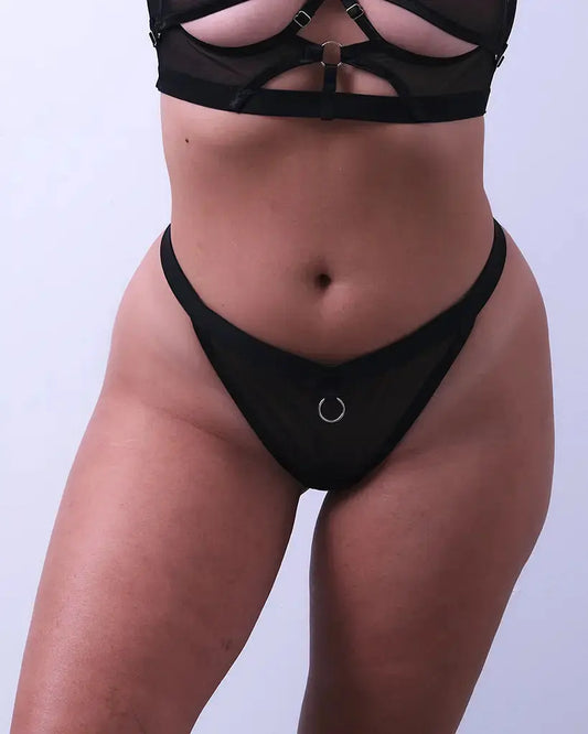 soft mesh lingerie thong with silver O-ring detail and adjustable straps